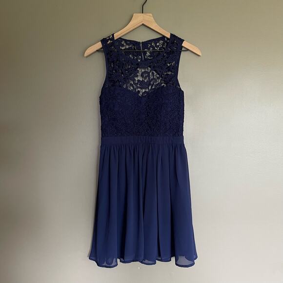 Lulus Romantic Tale Navy Blue Lace Mini Skater Dress Size Medium Open Back Sexy - Picture 3 of 16